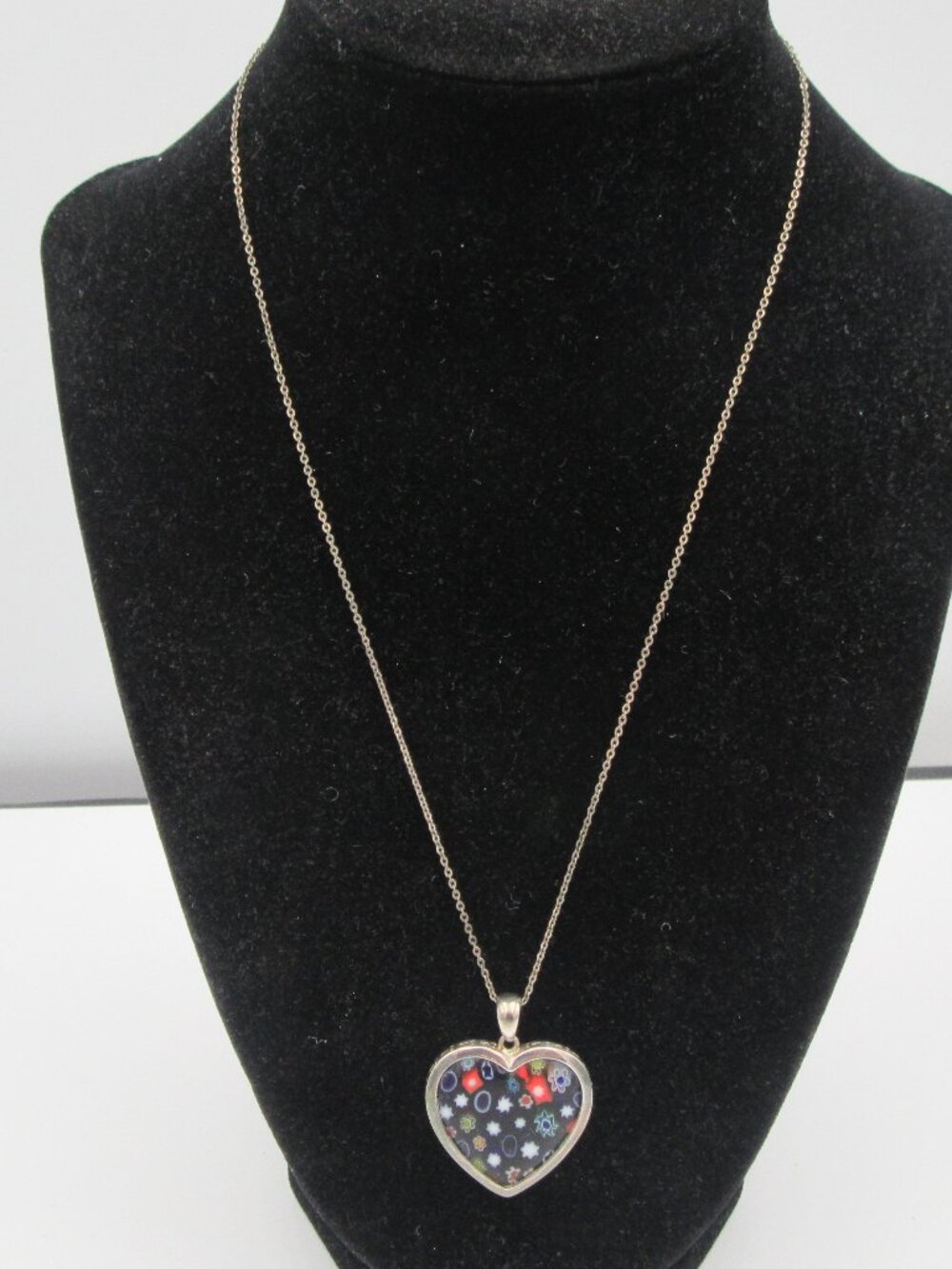 Millefiori Style Sterling Heart Pendant Necklace Floral Multicolor 18"